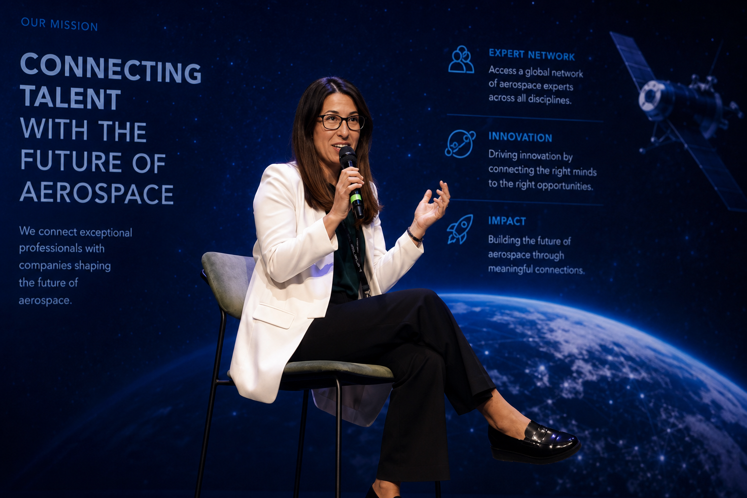 A speaker sharing aerospace insights on a space-themed stage